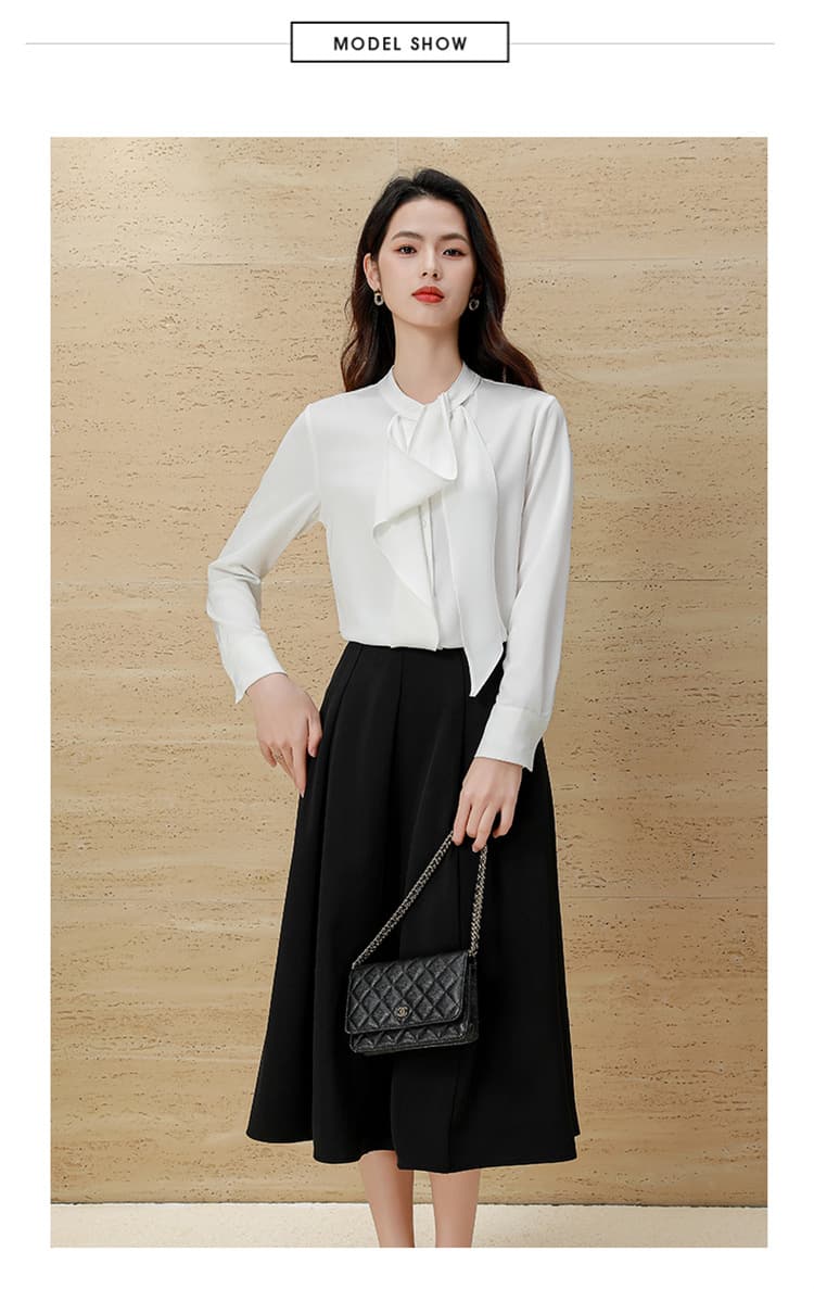 白リボンブラウス 上品ボウタイ長袖シャツ