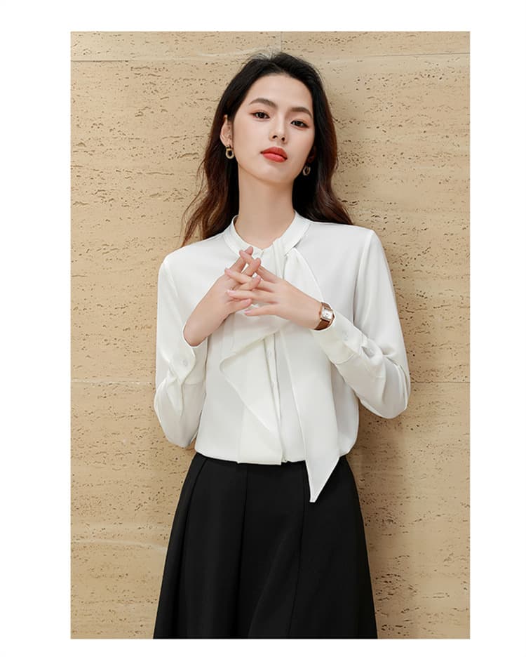 白リボンブラウス 上品ボウタイ長袖シャツ