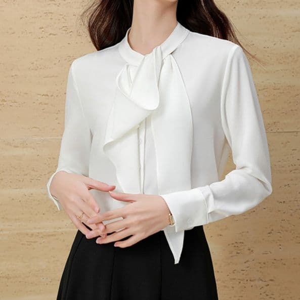 白リボンブラウス 上品ボウタイ長袖シャツ