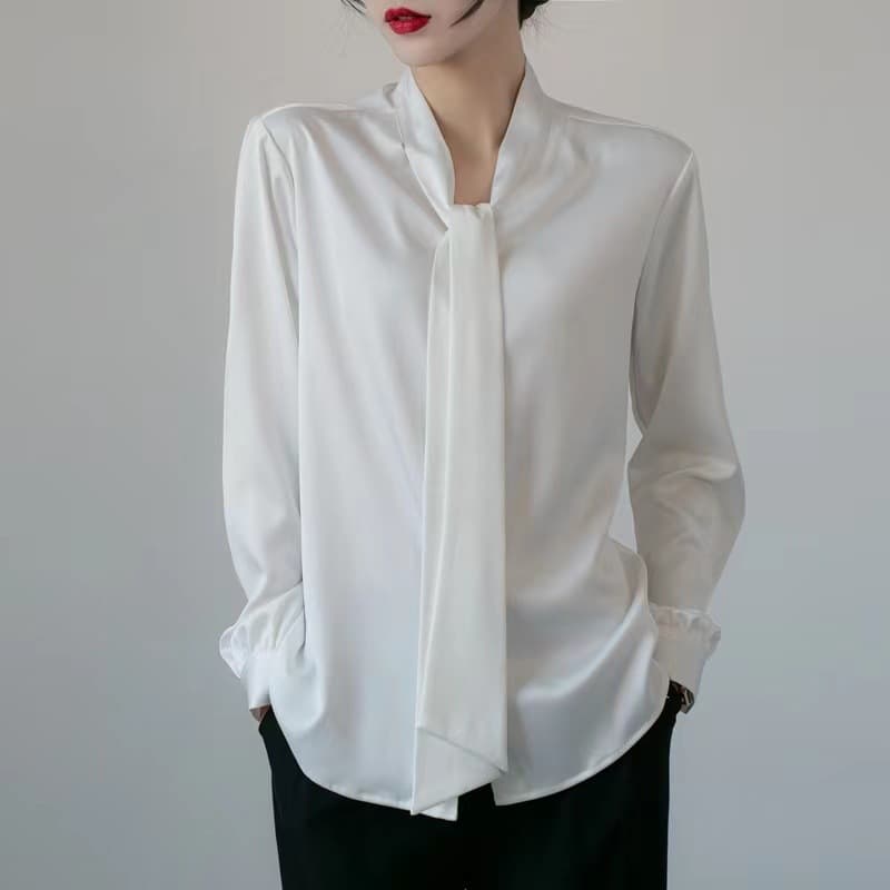 白リボンブラウス 上品ボウタイ付き長袖シャツ