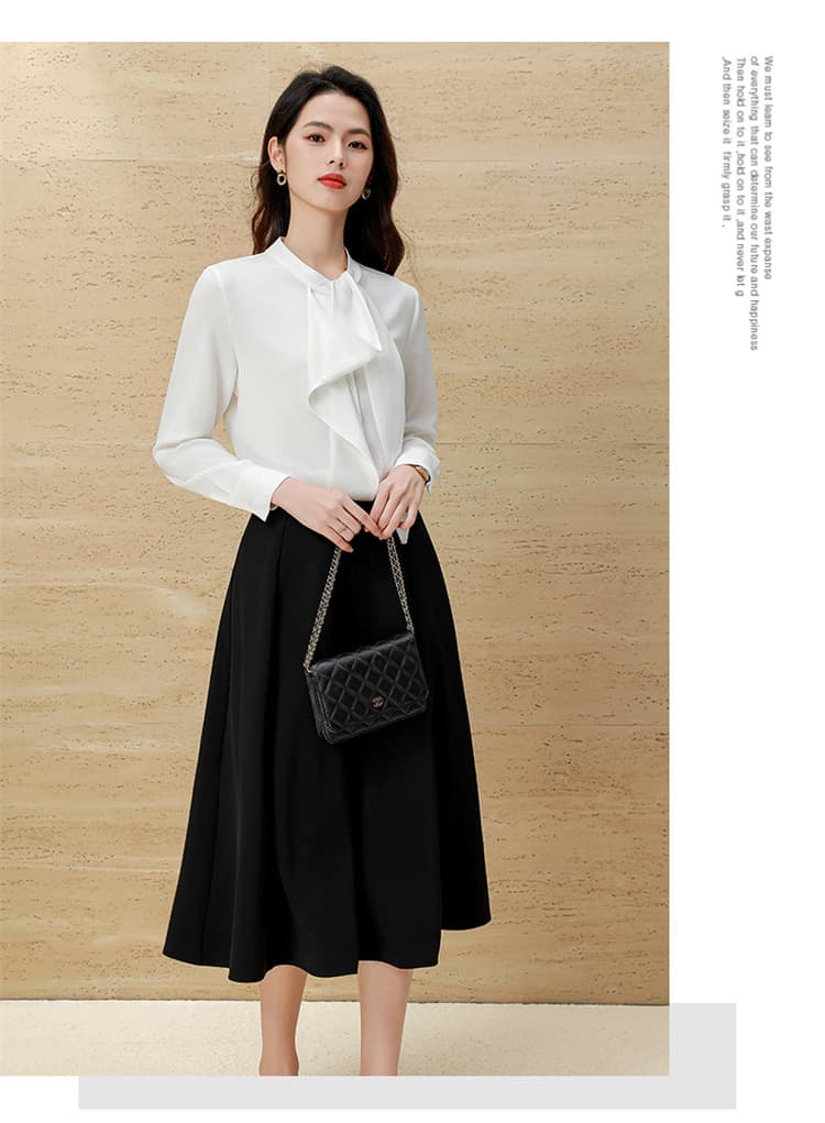 白リボンブラウス 上品ボウタイ長袖シャツ