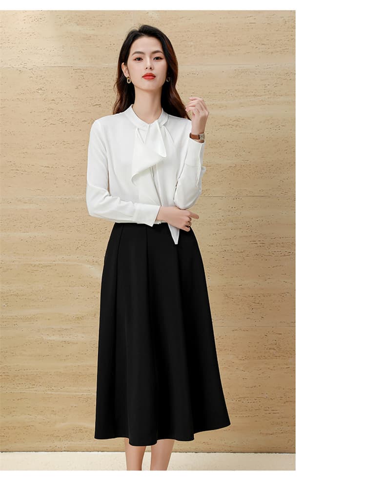 白リボンブラウス 上品ボウタイ長袖シャツ