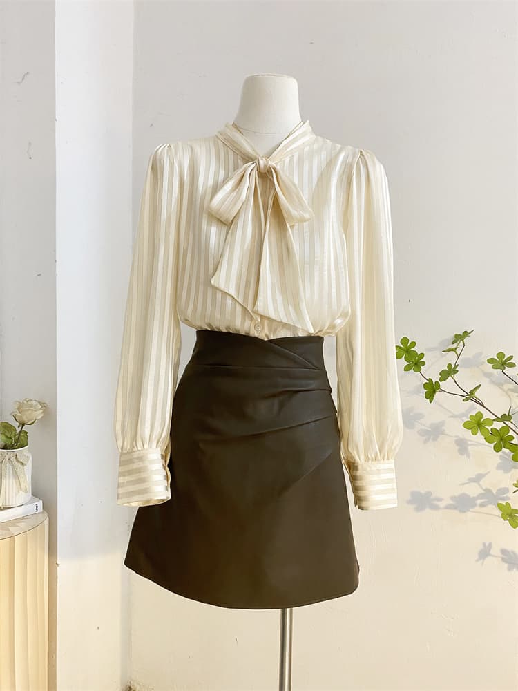 リボンブラウス縦縞模様長袖ボウタイリボンブラウス