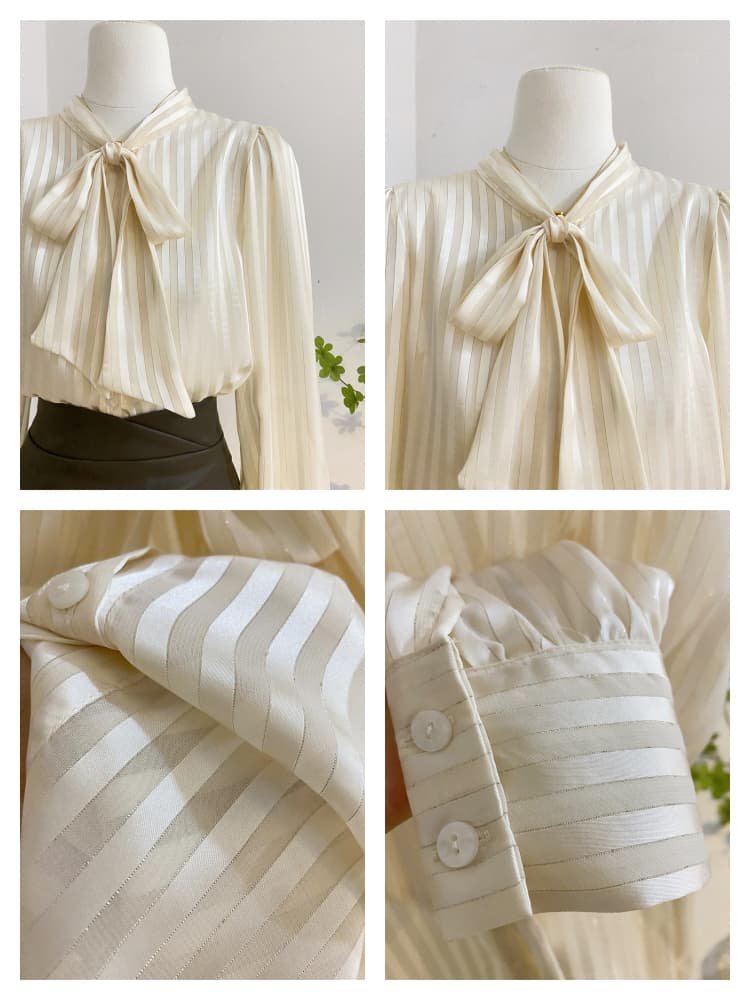 リボンブラウス縦縞模様長袖ボウタイリボンブラウス