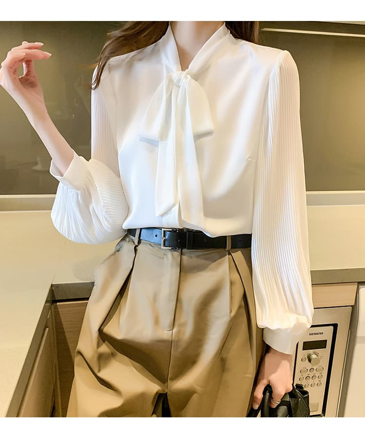 リボンブラウス 襟元ボウタイリボン長袖シフォンブラウス白