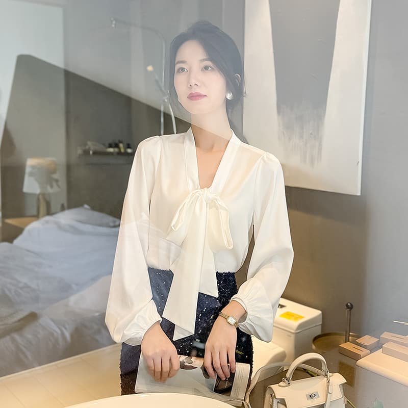 リボンブラウス 優美リボンタイ シルクブラウス