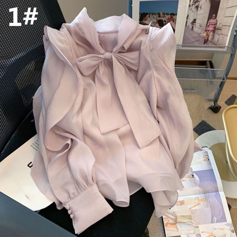 上品な長袖シフォンリボンブラウス