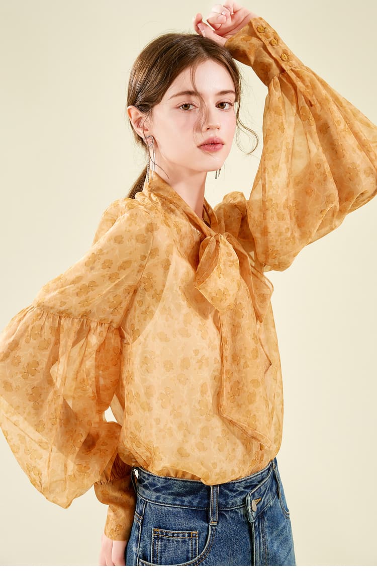 リボンブラウス ボウタイリボン 優美な蝶結びシフォンブラウス