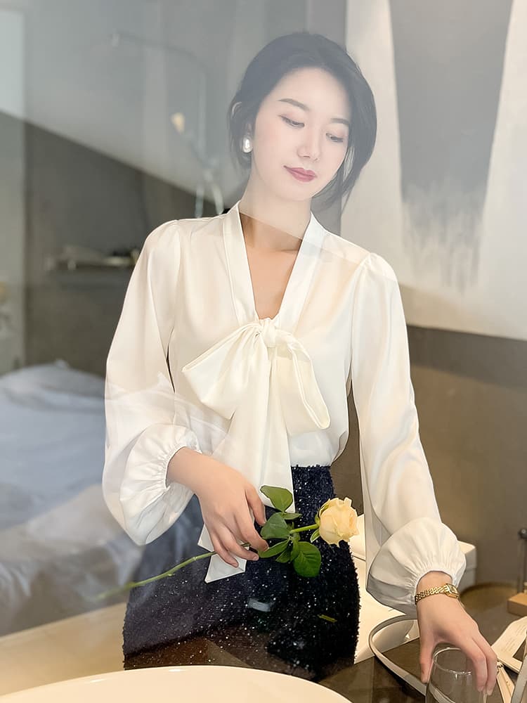 リボンブラウス 優美リボンタイ シルクブラウス