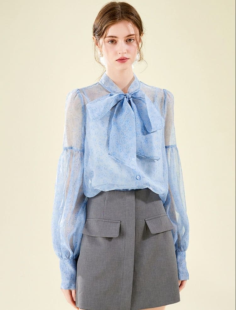 リボンブラウス ボウタイリボン 優美な蝶結びシフォンブラウス