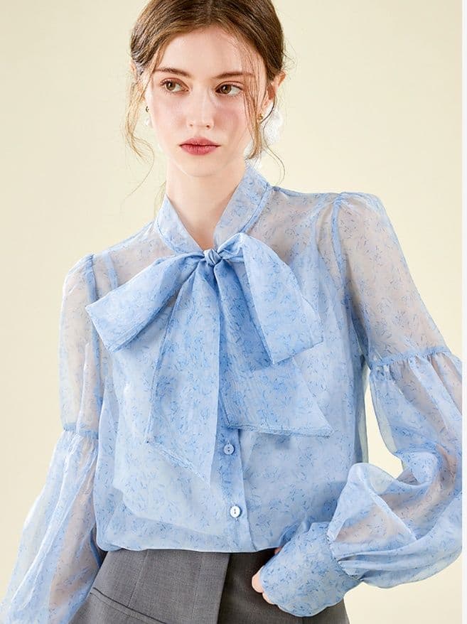 リボンブラウス ボウタイリボン 優美な蝶結びシフォンブラウス