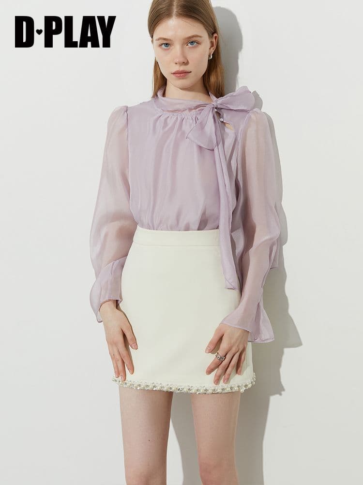 リボンブラウス 優美なネックリボン シアーブラウス