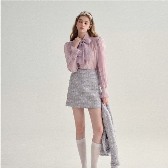 リボンブラウス 透け感シアー生地大きなリボンタイ付きブラウス