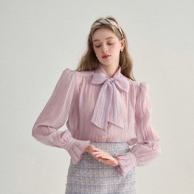 リボンブラウス 透け感シアー生地大きなリボンタイ付きブラウス