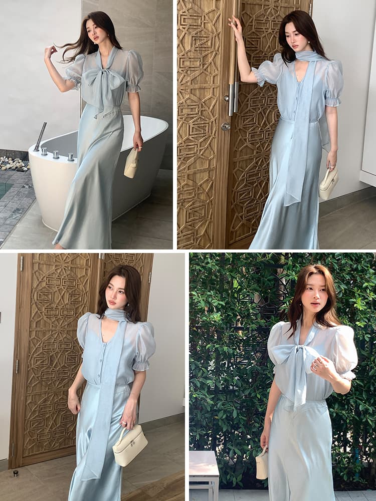 リボンブラウス ビックリボン 優美なフリルパフスリーブビックリボン