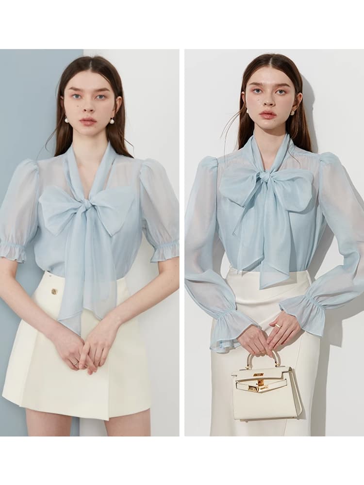 リボンブラウス ビックリボン 優美なフリルパフスリーブビックリボン