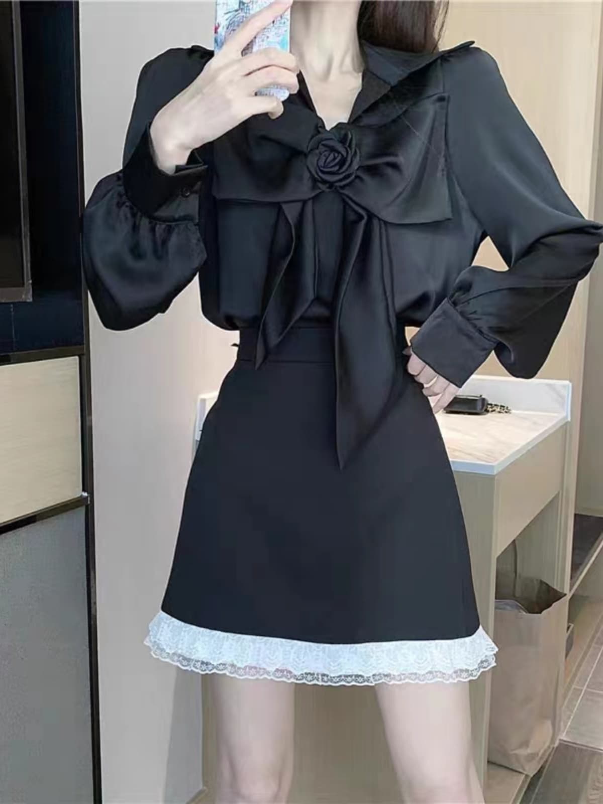 リボンブラウス ビックリボン 薔薇飾りビックリボンシルクブラウス