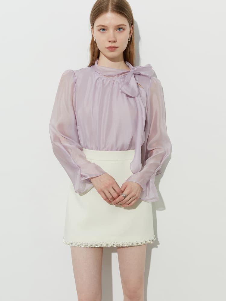 リボンブラウス 優美なネックリボン シアーブラウス