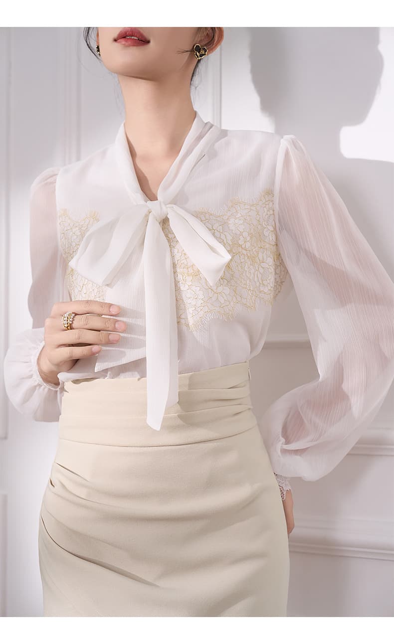リボンブラウス 優美なレースリボンブラウス
