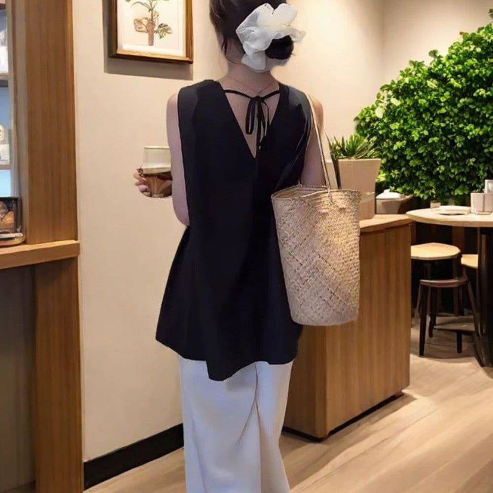 リボンブラウス 大人可愛いバックリボン結びノースリーブブラウス