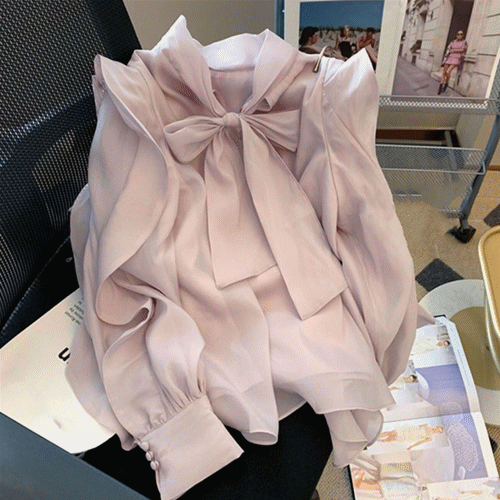 上品な長袖シフォンリボンブラウス