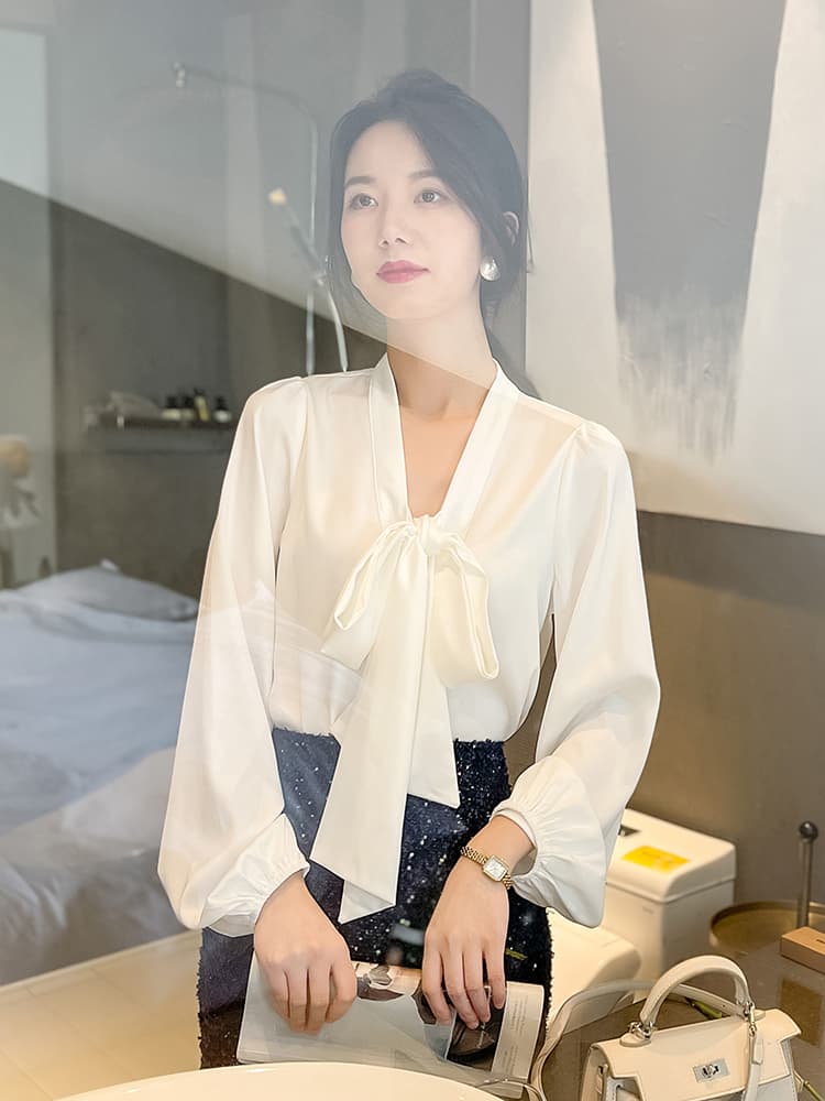 リボンブラウス 優美リボンタイ シルクブラウス