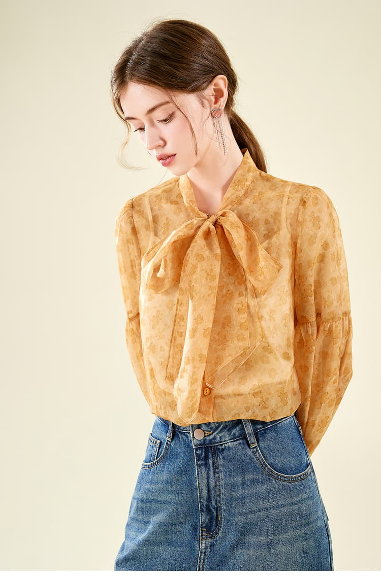 リボンブラウス ボウタイリボン 優美な蝶結びシフォンブラウス