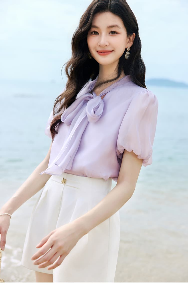 リボンブラウス 優美なリボン結び シフォンブラウス