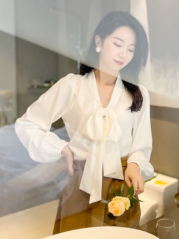 リボンブラウス 優美リボンタイ シルクブラウス