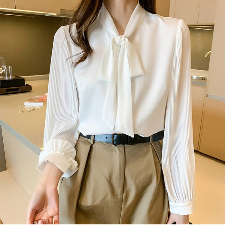 リボンブラウス 襟元ボウタイリボン長袖シフォンブラウス白