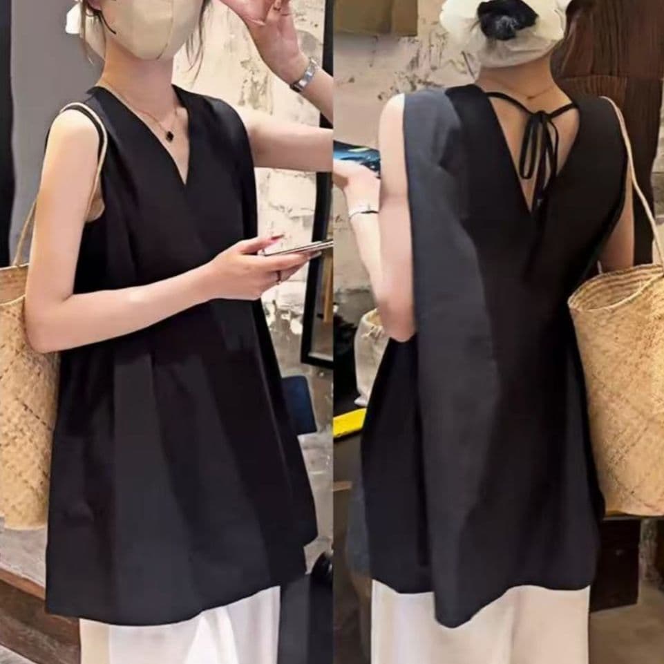 リボンブラウス 大人可愛いバックリボン結びノースリーブブラウス