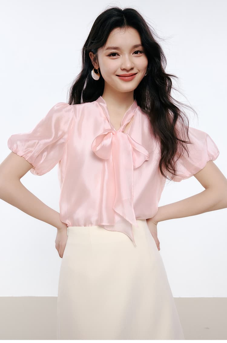 リボンブラウス 優美なリボン結び シフォンブラウス