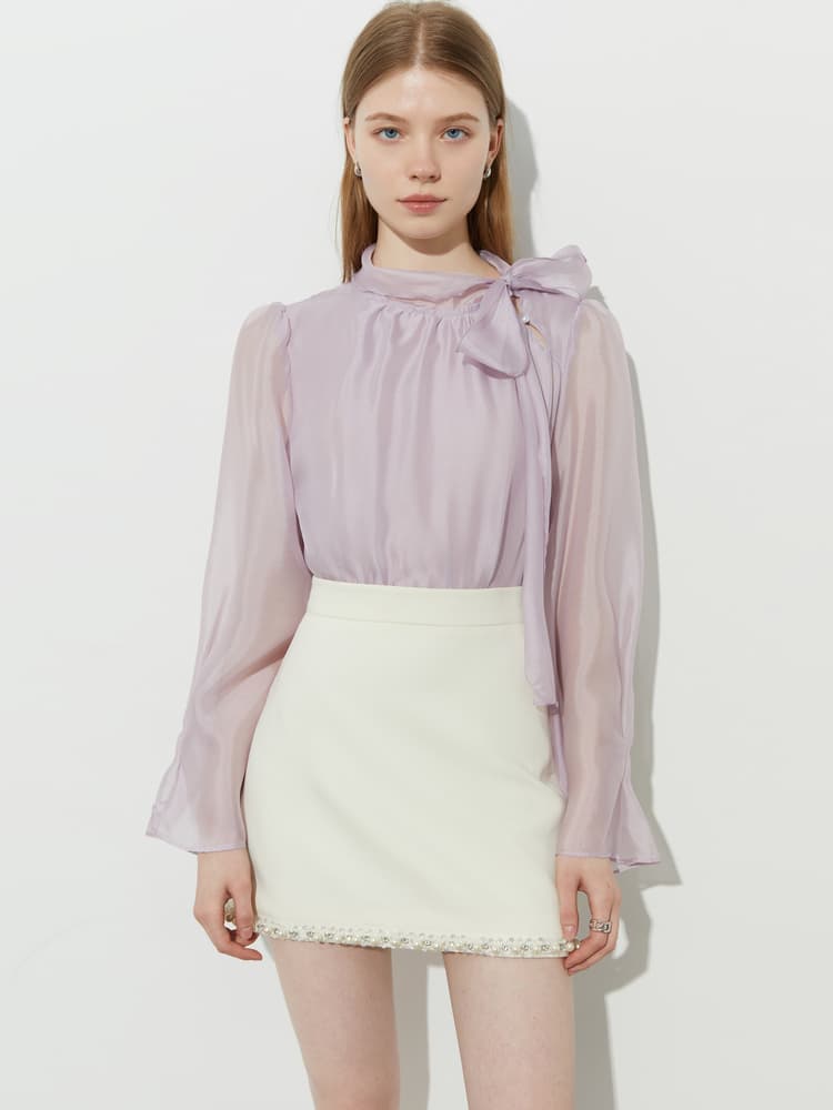 リボンブラウス 優美なネックリボン シアーブラウス