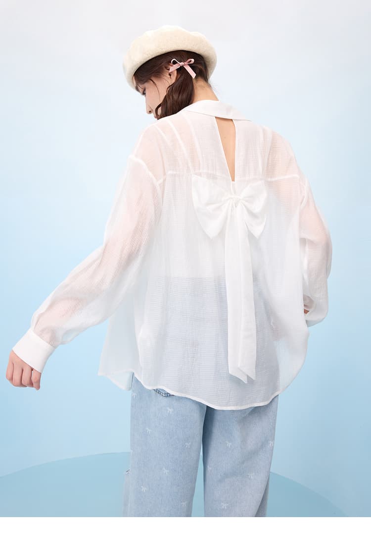 リボンブラウス 透け感シアーリボンブラウス