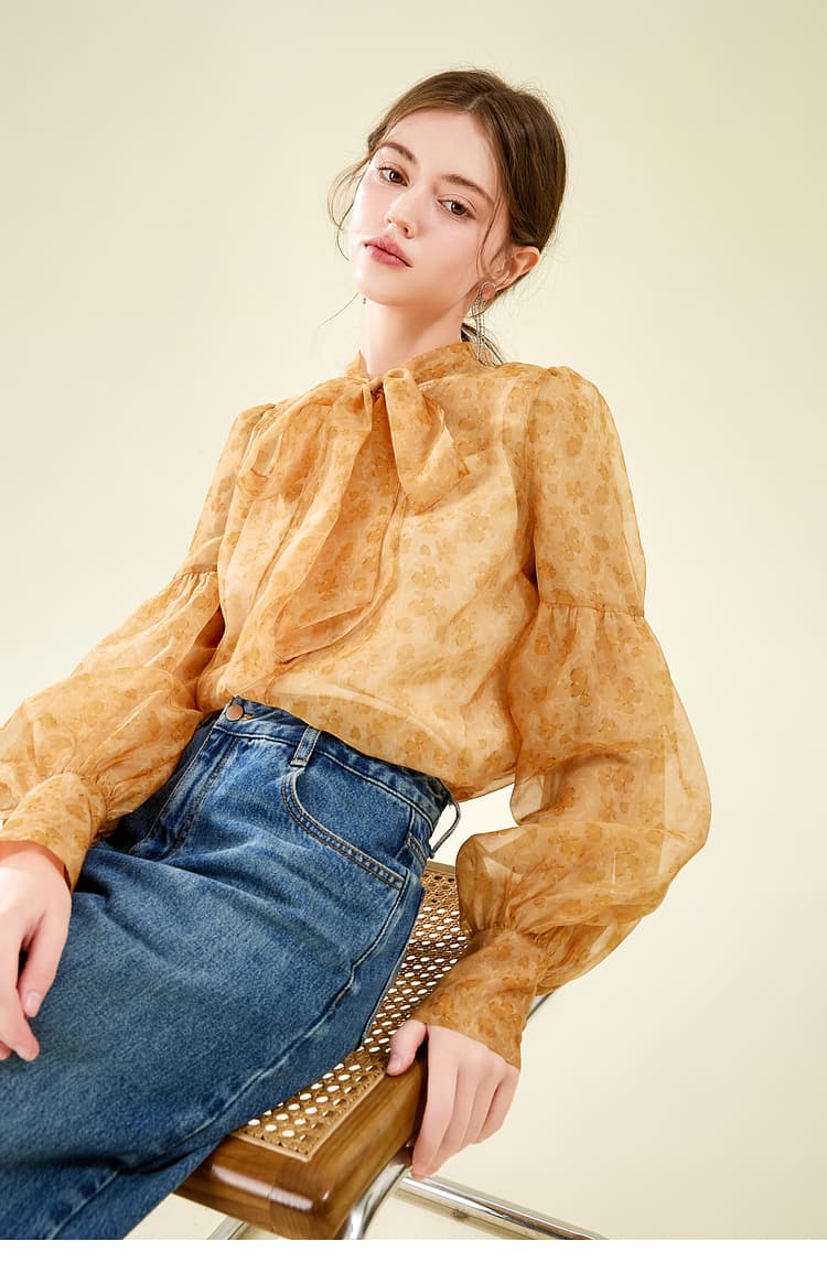 リボンブラウス ボウタイリボン 優美な蝶結びシフォンブラウス