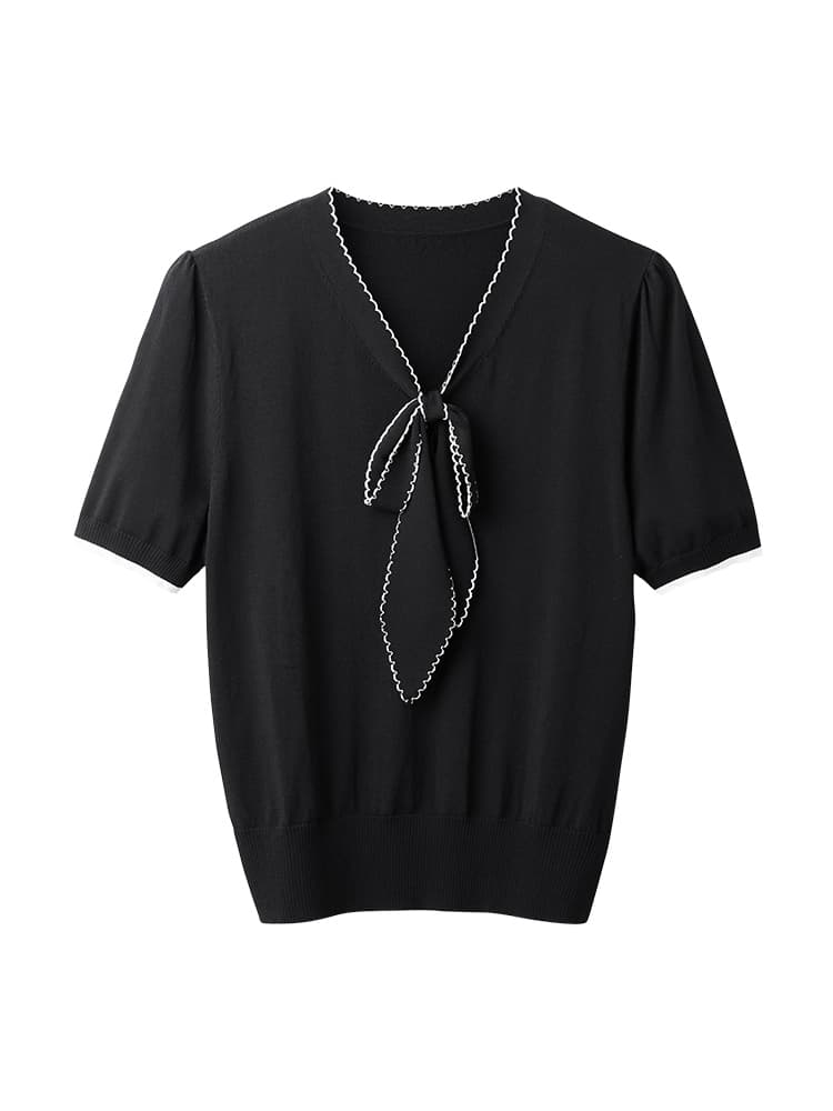 リボンブラウス 上品パイピングボウタイニット