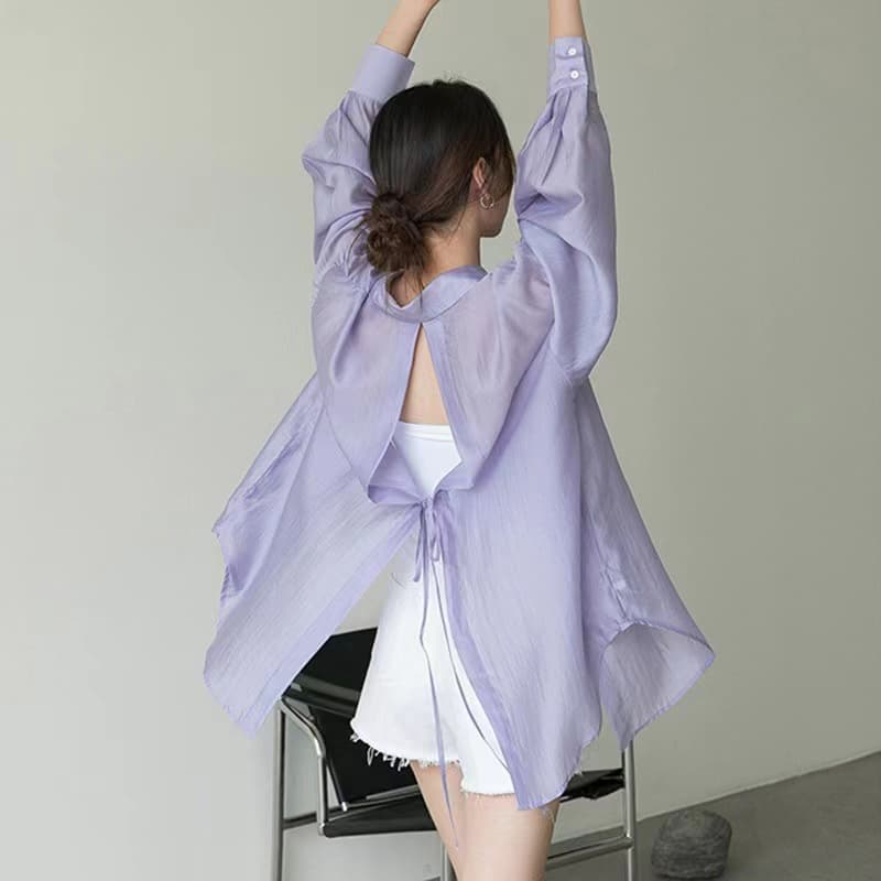 リボンブラウス バックリボン 優美なバックリボン開き襟ブラウス