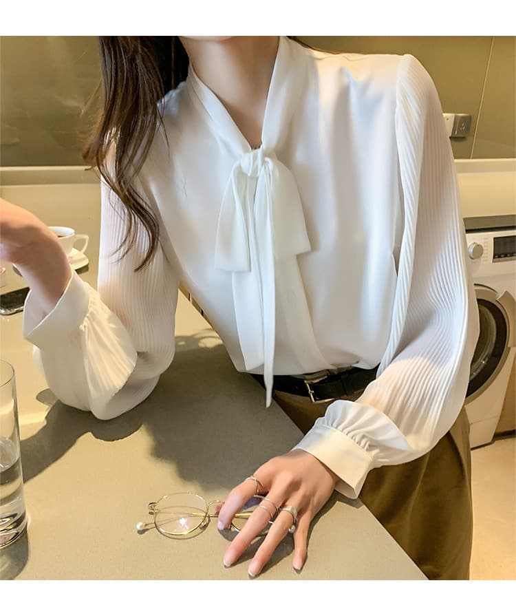 リボンブラウス 襟元ボウタイリボン長袖シフォンブラウス白
