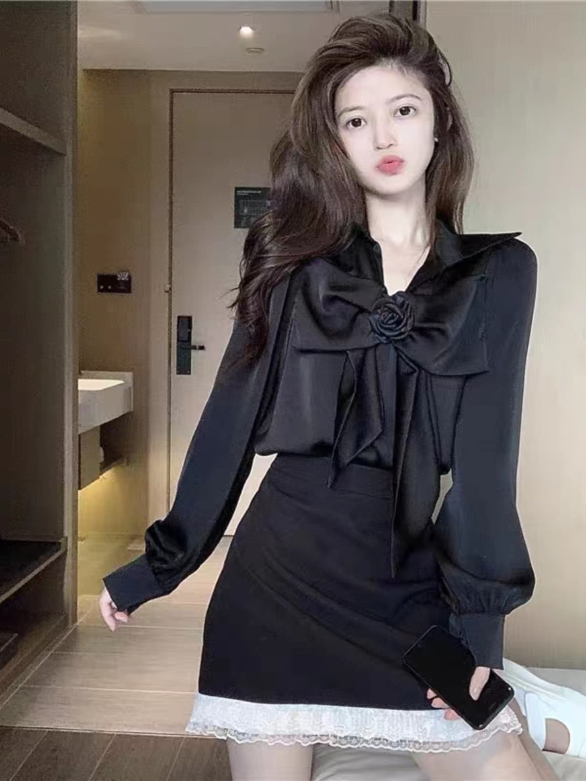 リボンブラウス ビックリボン 薔薇飾りビックリボンシルクブラウス