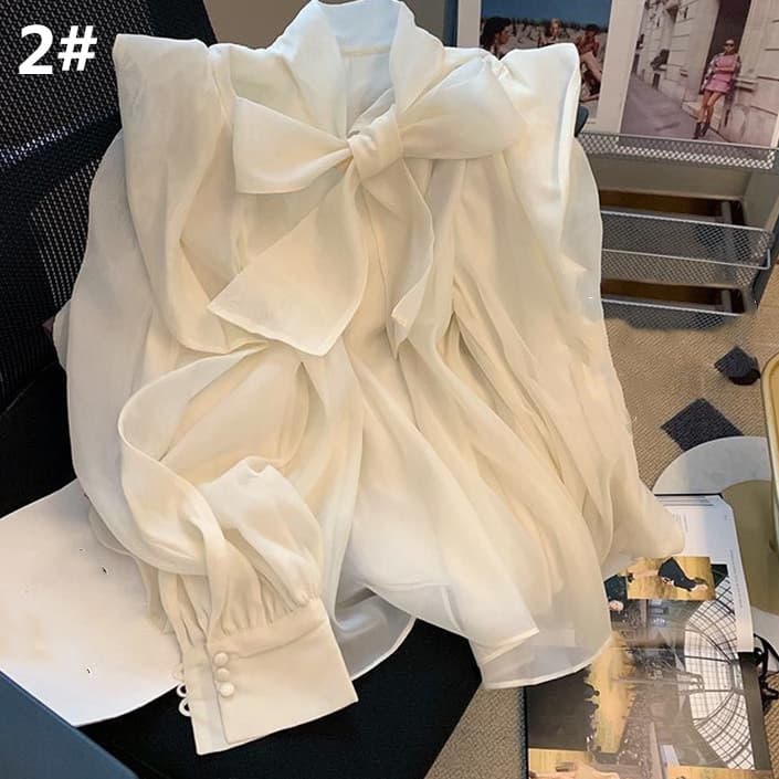 上品な長袖シフォンリボンブラウス