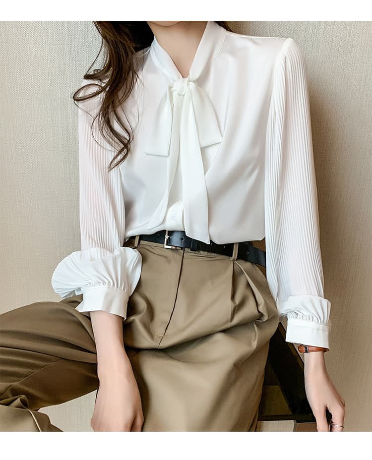 リボンブラウス 襟元ボウタイリボン長袖シフォンブラウス白
