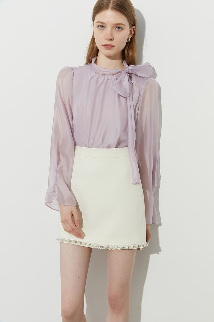 リボンブラウス 優美なネックリボン シアーブラウス