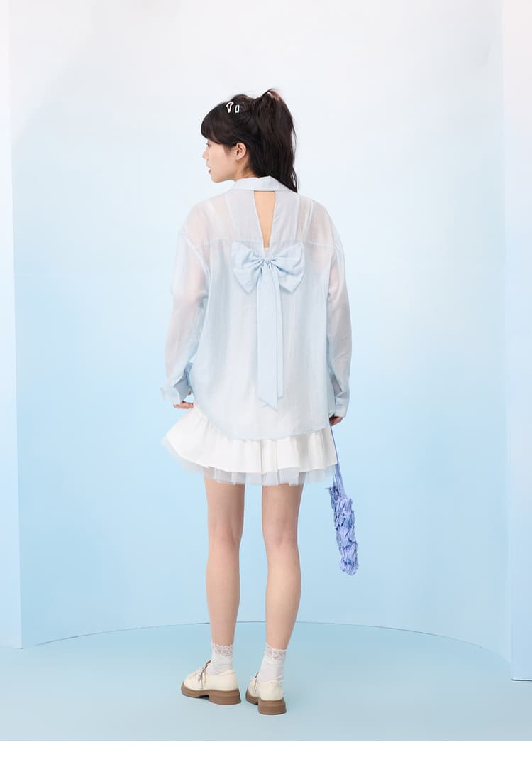 リボンブラウス 透け感シアーリボンブラウス