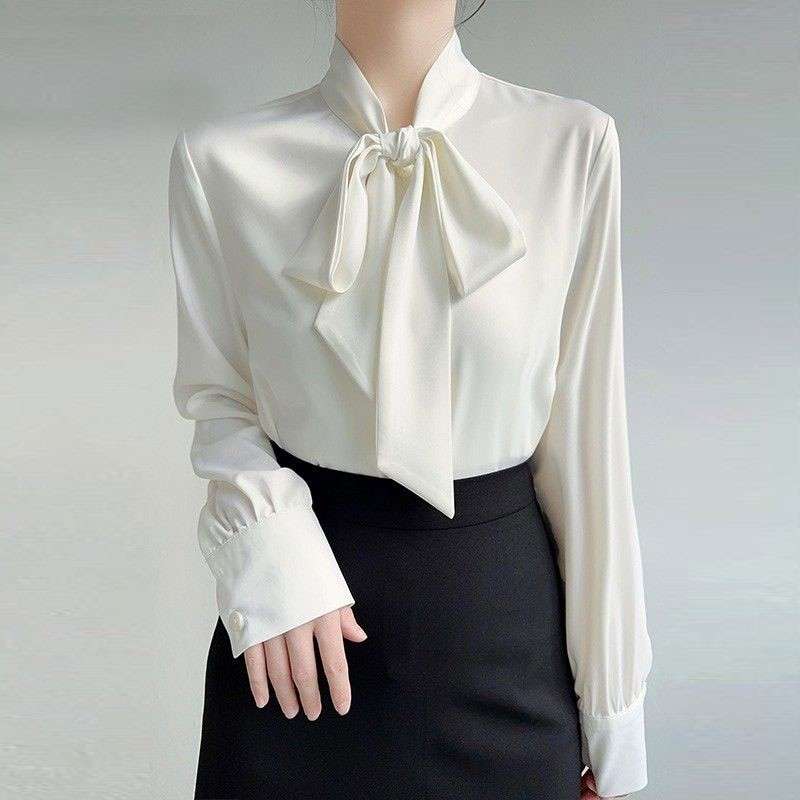 白色ボウタイリボンブラウス上品シャツ