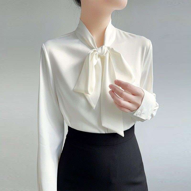 白色ボウタイリボンブラウス上品シャツ