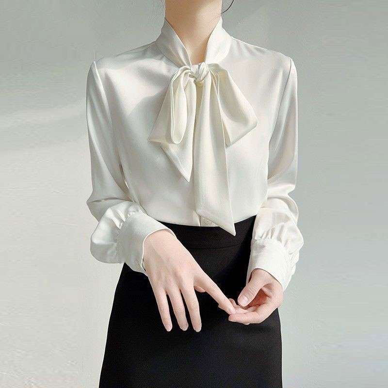 白色ボウタイリボンブラウス上品シャツ