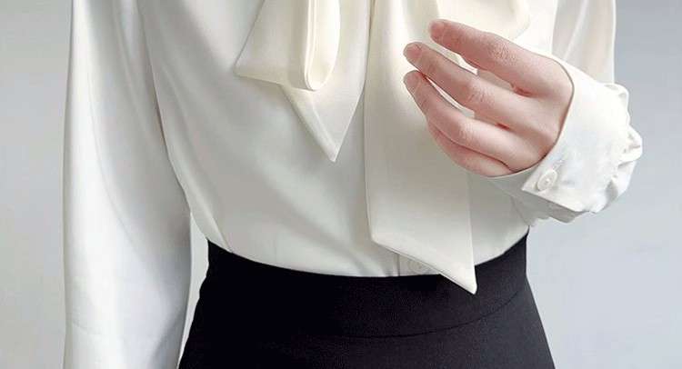 白色ボウタイリボンブラウス上品シャツ