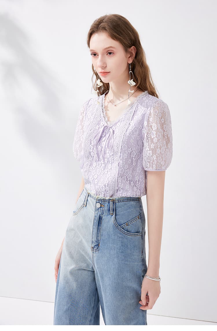 リボンブラウス 優美レース結び フェミニンリボン