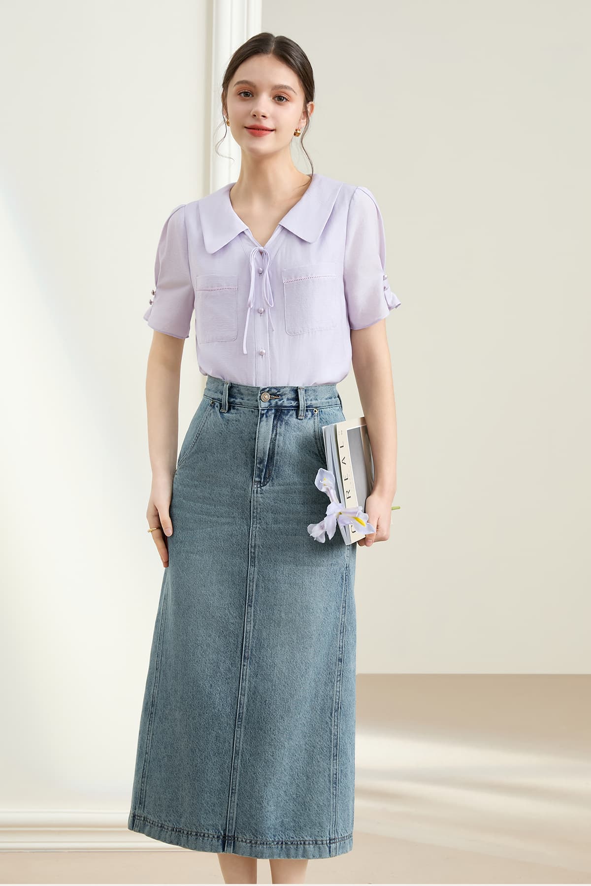 リボンブラウス 優美なネクタイリボン半袖ブラウス
