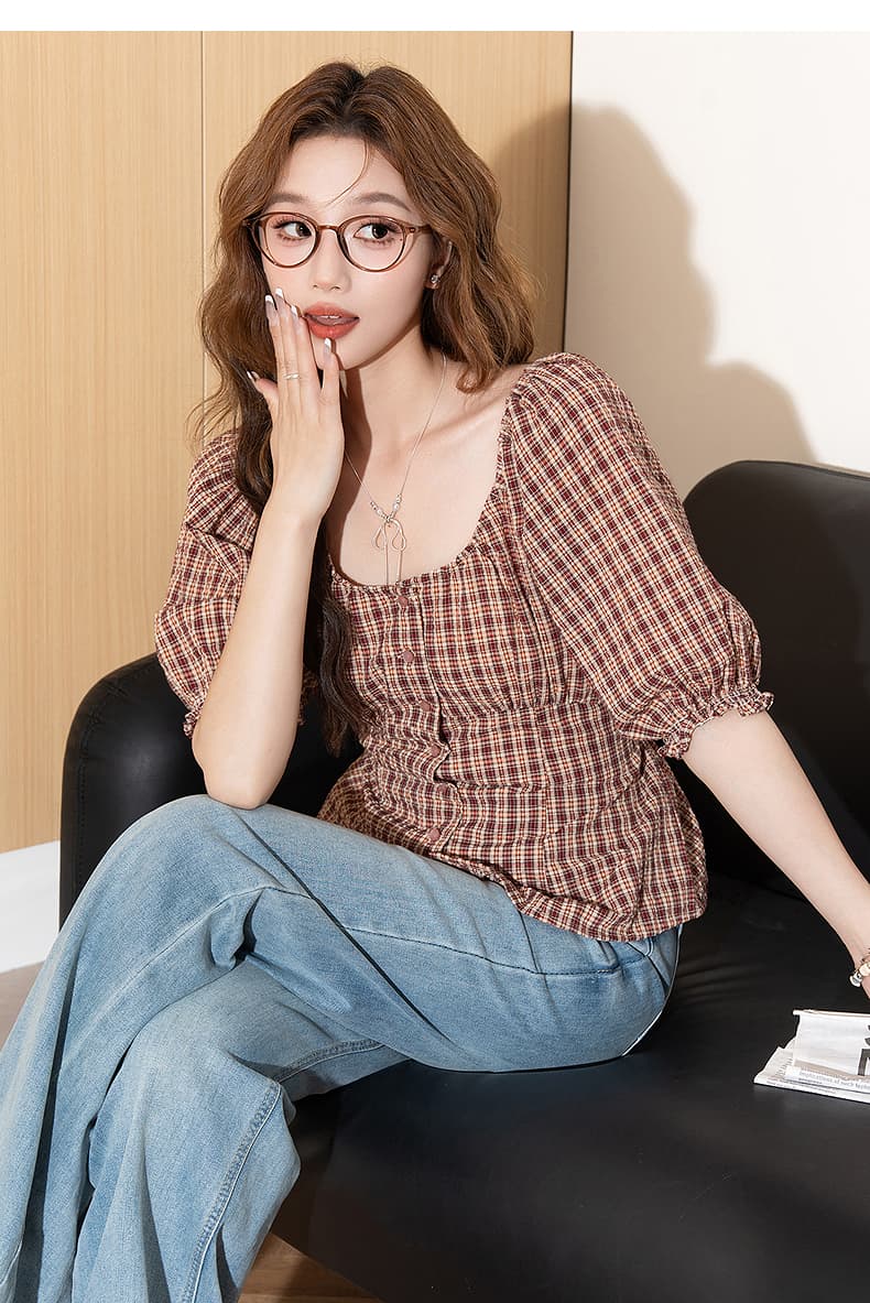 リボンブラウス 格子柄シャーリング袖バックリボンブラウス